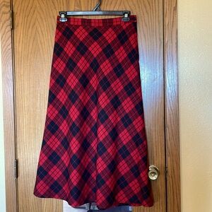 Vintage red and black plaid maxi skirt, lined, A-line, Sz 12